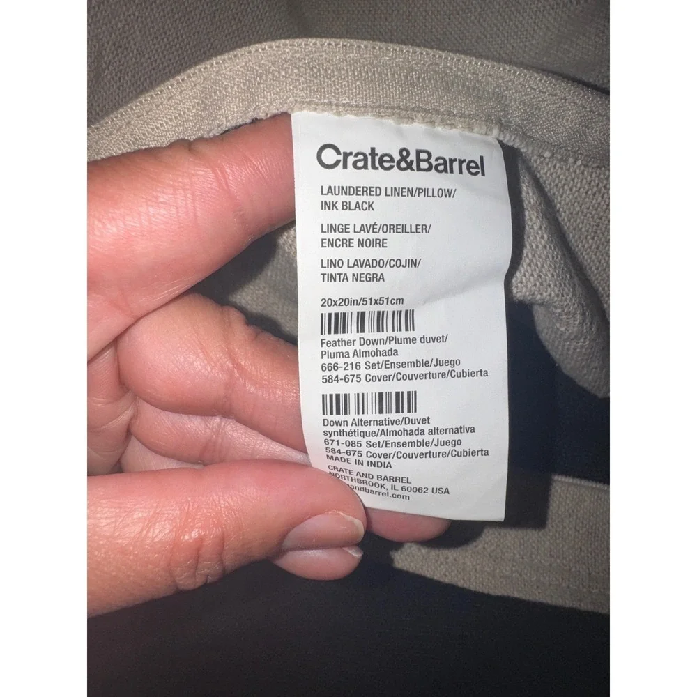 2 Crate & Barrel Laundered Linen Pillow Covers 20x20 Ink Black Square Textured